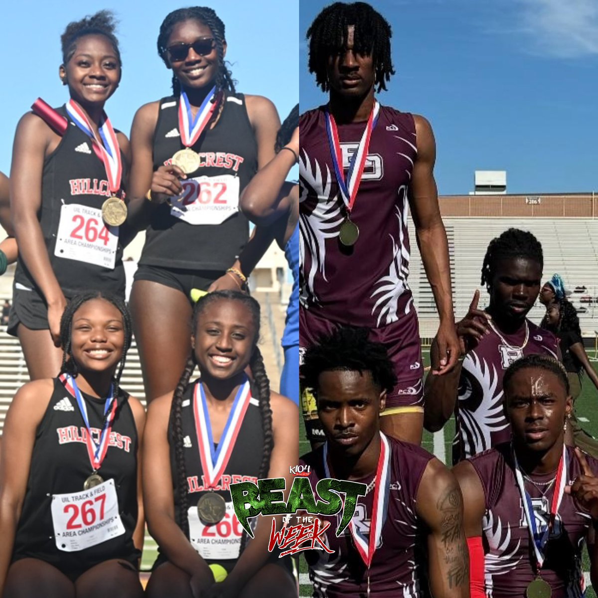 #k104beastoftheweek #trackandfield 🥇
Congratulations to the Hillcrest Lady Panthers &amp; Red Oak Hawks (Both Won Gold in the 4x200 at Area) on being named this week’s K104 BEASTS OF THE WEEK‼️
#dfw #dallas #fortworth #hillcrest #northdallas #redoak #rohawks