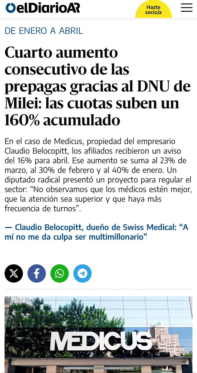 SofiaVannelli's tweet photo. ¡¡¡Las cosas como son!!! 

En nombre de la Libertad y de Milei con el DNU 70 las prepagas Medicus y Swiss Medical Group,  propiedad del empresario Claudio Belocopitt, aumentaron aproximadamente 160% y en forma acumulada:
-> 16% abril
-> 23% marzo
-> 30% febrero
-> 40% de enero

% que supera a la inflación y cualquier otro cálculo razonable…

El único que les puso límites y frenó aumentos fue @SergioMassa …
-> 11.51% diciembre
-> 10.98% noviembre 
-> 6.97 % octubre
-> con topes sgn salario.

👉🏼 https://t.co/QLPTUTX8sc

👉🏼 https://t.co/Lo5qbsuo63