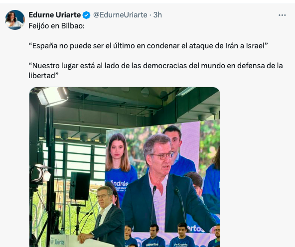 Edurne, da igual donde esté Feijóo, allí, allá y acullá suelta siempre las mismas reaccionarias necedades.. primero o último lo que España NO puede y NO HACE es dejar de condenar TODA violencia y la cosa NO va de democracia, va de un genocida que está azuzando un polvorín