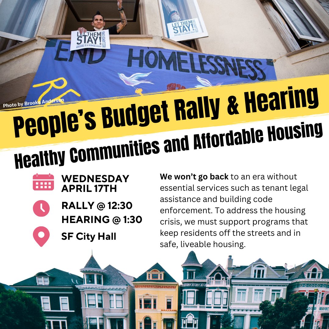 Come out on Wednesday 4/17 to demand that San Francisco prioritizes our communities in the upcoming budget! Join us at City Hall @ 12:30 pm: Demand a budget that centers the everyday heroes who keep SF running! #PeoplesBudget #DefendOurHome #DefendOurCommunities #BudgetJustice