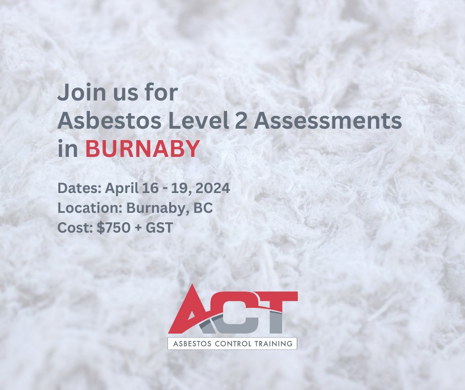 Asbestos Level 2 assessments now available in BURNABY. Exams for Level 1, Level S & Level 3 are also available. 

📅 Date: April 16 - 19, 2024
📍 Location: Burnaby, BC
💰 Cost: $750 + GST

🔗 Details & Registration: bit.ly/43IHEZM