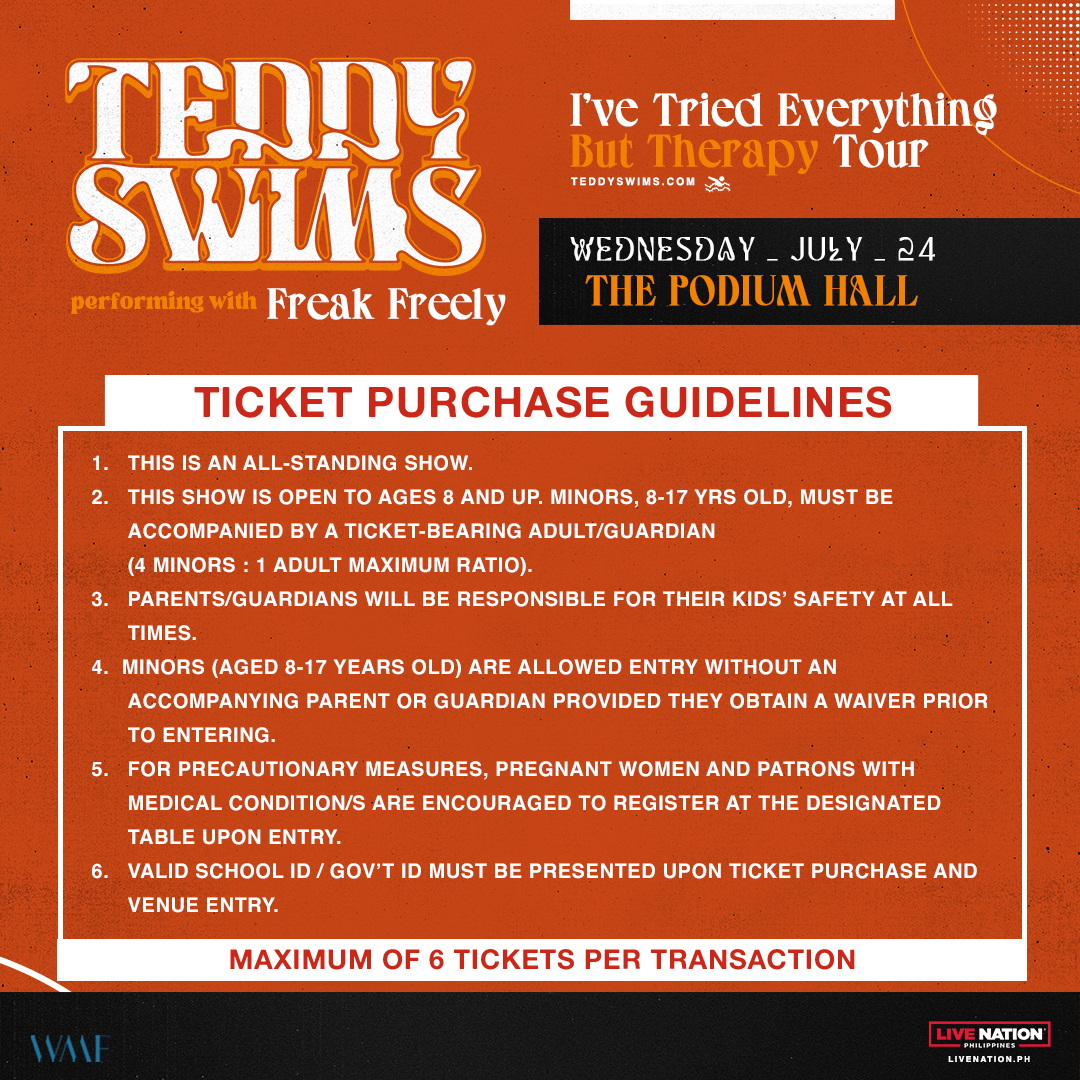 Attention, LNPH members! LNPH Presale starts TODAY at 10am until 11:59pm! To access, simply sign up at livenation.ph and log in to your account. Teddy Swims: I've Tried Everything But Therapy Tour 📆July 24, 2024 📍The Podium Hall #TeddySwimsInManila