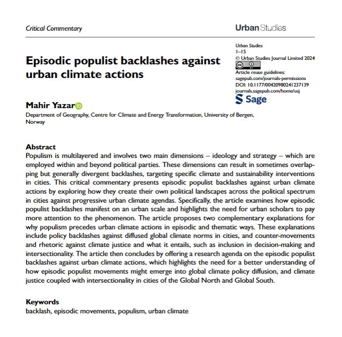 Open access critical commentary by @MahirYzar examines how episodic #populist backlashes manifest on an urban scale and highlights the need for urban scholars to pay more attention to the phenomenon. ow.ly/ON9850Rcnym #UrbanClimate