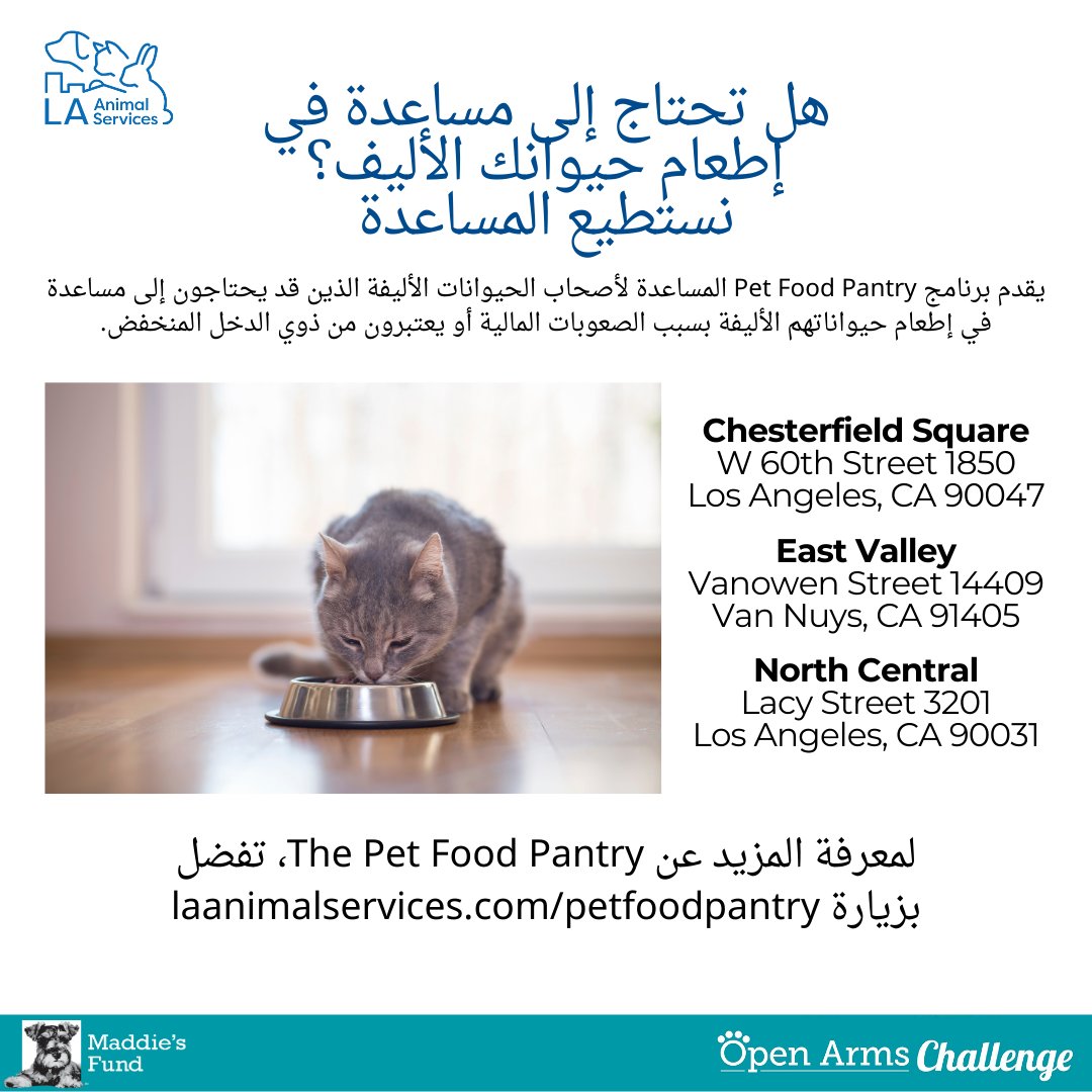 LACityPets's tweet photo. The Pet Food Pantry is a community resource to assist low-income families & individuals in the City of Los Angeles experiencing financial hardship who need help feeding their pets. To learn more, visit https://t.co/t7avrF21p3 @maddiesfund #OpenArmsChallenge #lacitypets #petfood https://t.co/gzOXW8rUP1
