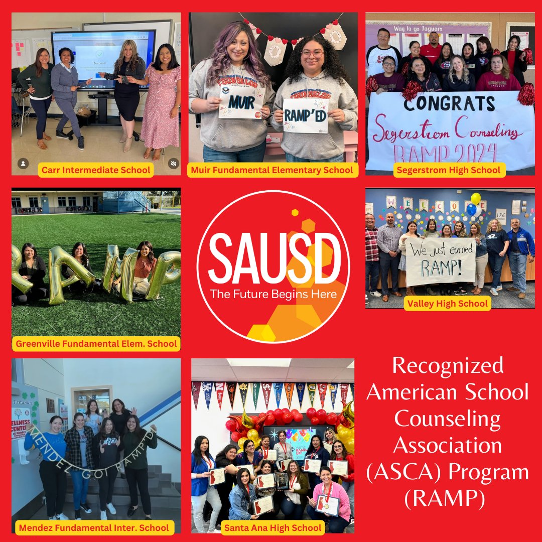🏆🎉 7 #SAUSD schools have earned the prestigious Recognized American School Counseling Association (ASCA) Program (RAMP) designation this year! Congratulations to Muir, Greenville, Carr, Mendez, Valley, Santa Ana, & Segerstrom! Learn more: bit.ly/3Uj3WhF #WeAreSAUSD