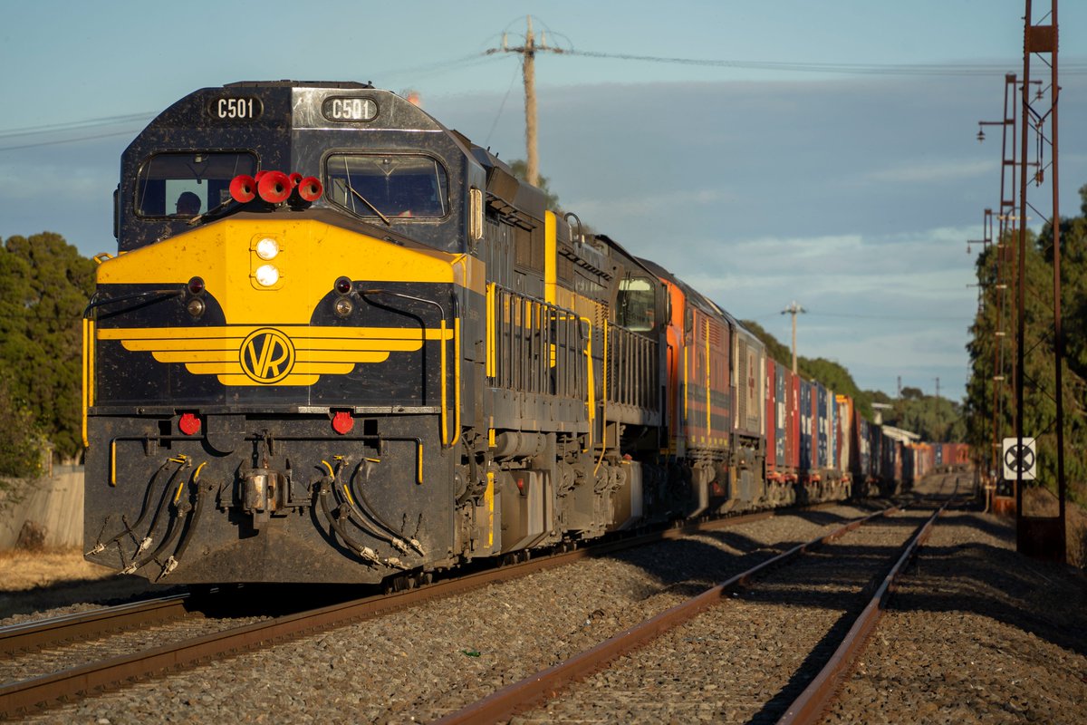 The pride of Victoria's rail heritage fleet, locomotive C501 hauls a certainly non-heritage intermodal train through Spotswood

She's been on hire hauling 'real' freight for a few months now, hopefully C501 will be back on passenger trains shortly
