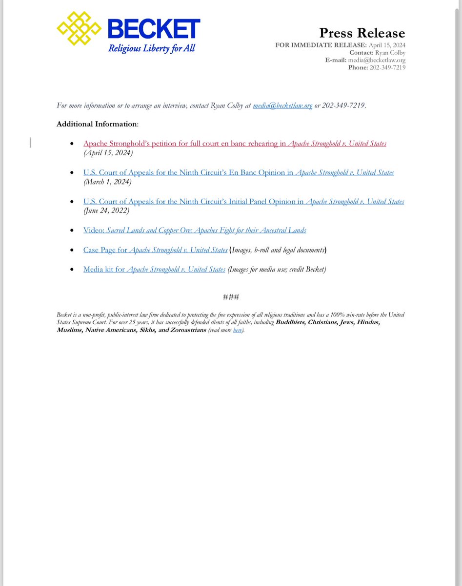 Apache Stronghold Press Release 
please read and share 

Apache Stronghold asks 29-judge appeals court to save Oak Flat. Rare request gives Ninth Circuit one more chance to protect sacred site before Supreme Court appeal