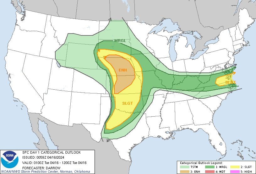 8:02pm CDT #SPC Day1 Outlook Enhanced Risk: across portions of the central Plains spc.noaa.gov/products/outlo…