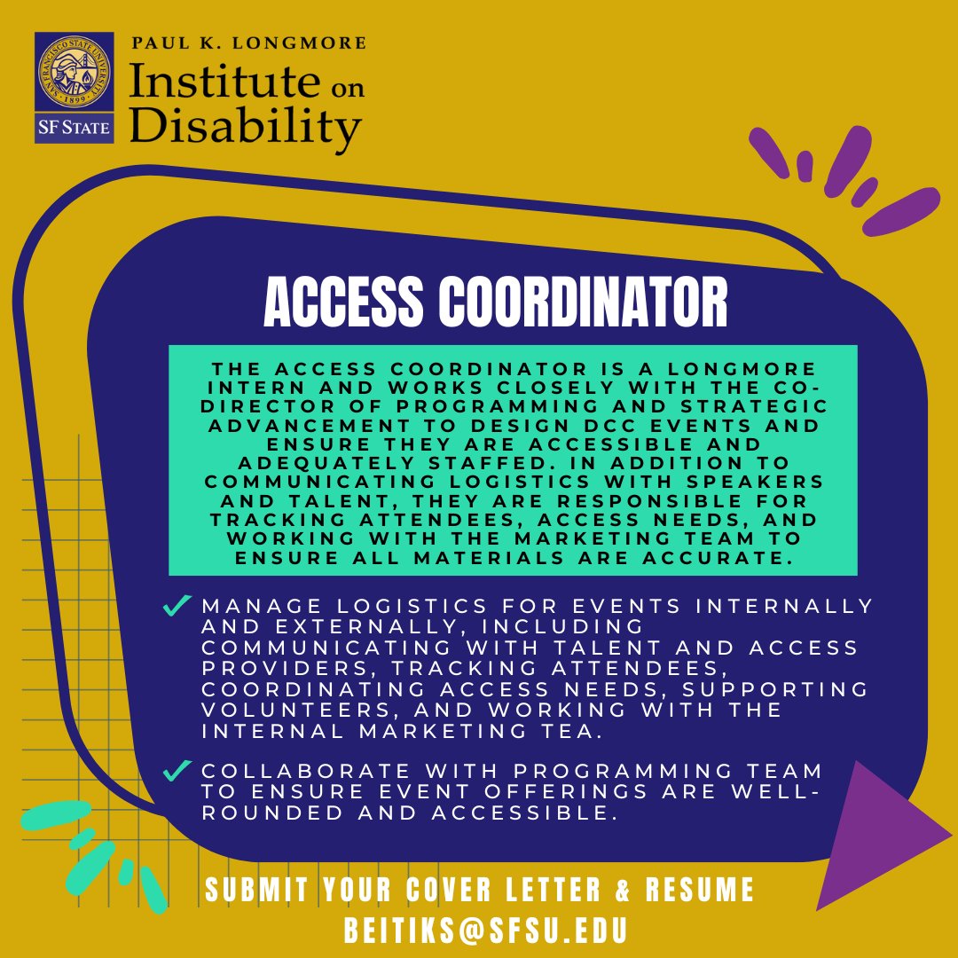 We are hiring! Seeking students with disabilities who want to be involved with the new SF Disability Cultural Center. Flexible scheduling and virtual work. BIPOC and LGBTQIA+ students especially encouraged to apply. Email cover letter & resume to Emily Beitiks at beitiks@sfsu.edu