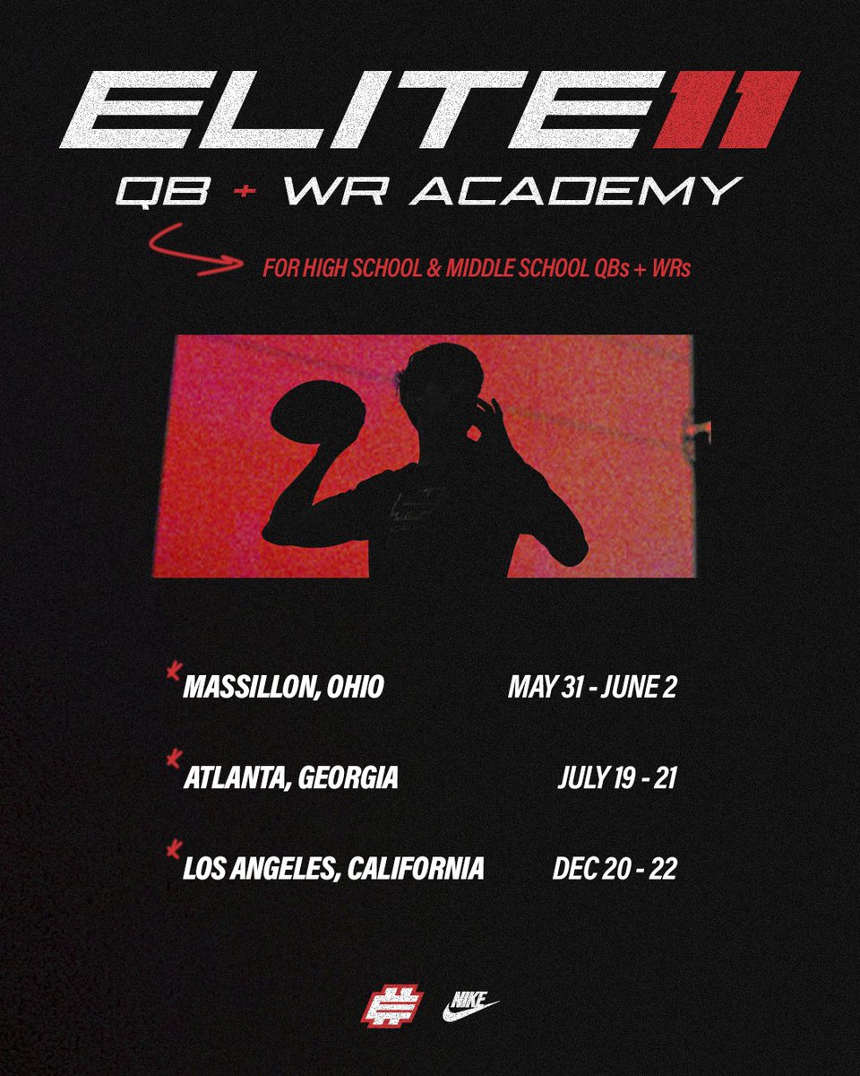 2024 ACADEMIES JUST DROPPED 🎯🔥 HS & Middle School QBs + WRs, let’s work! 🏟️ 𝐌𝐚𝐬𝐬𝐢𝐥𝐥𝐨𝐧, 𝐎𝐇 » May 31 - June 2 🏟️ 𝐀𝐭𝐥𝐚𝐧𝐭𝐚, 𝐆𝐀 » July 19 - 21 🏟️ 𝐋𝐨𝐬 𝐀𝐧𝐠𝐞𝐥𝐞𝐬, 𝐂𝐀 » Dec 20 - 22