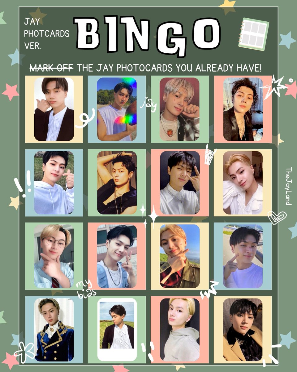 LuckyJayPH's tweet photo. 𝐉𝐚𝐲 𝐏𝐡𝐨𝐭����𝐜𝐚𝐫𝐝 𝐂𝐨𝐥𝐥𝐞𝐜𝐭𝐨𝐫𝐬 𝐁𝐢𝐧𝐠𝐨 

As Jay Day comes nearer and everyone gets excited. Why don't we play bingo and let's see if you're really a Jay PC collector? Don't forget to share your bingo card with us by replying ENGENEs!

Share the result with us ENGENE and use our hashtags for today~ 🫶🏻

JAY'S SPRING WISDOM
#SpringSerenityFromJay
#제이 #JAY #ジェイ #엔하이픈_제이 #ENHYPEN_JAY #JayLand
@ENHYPEN @ENHYPEN_members