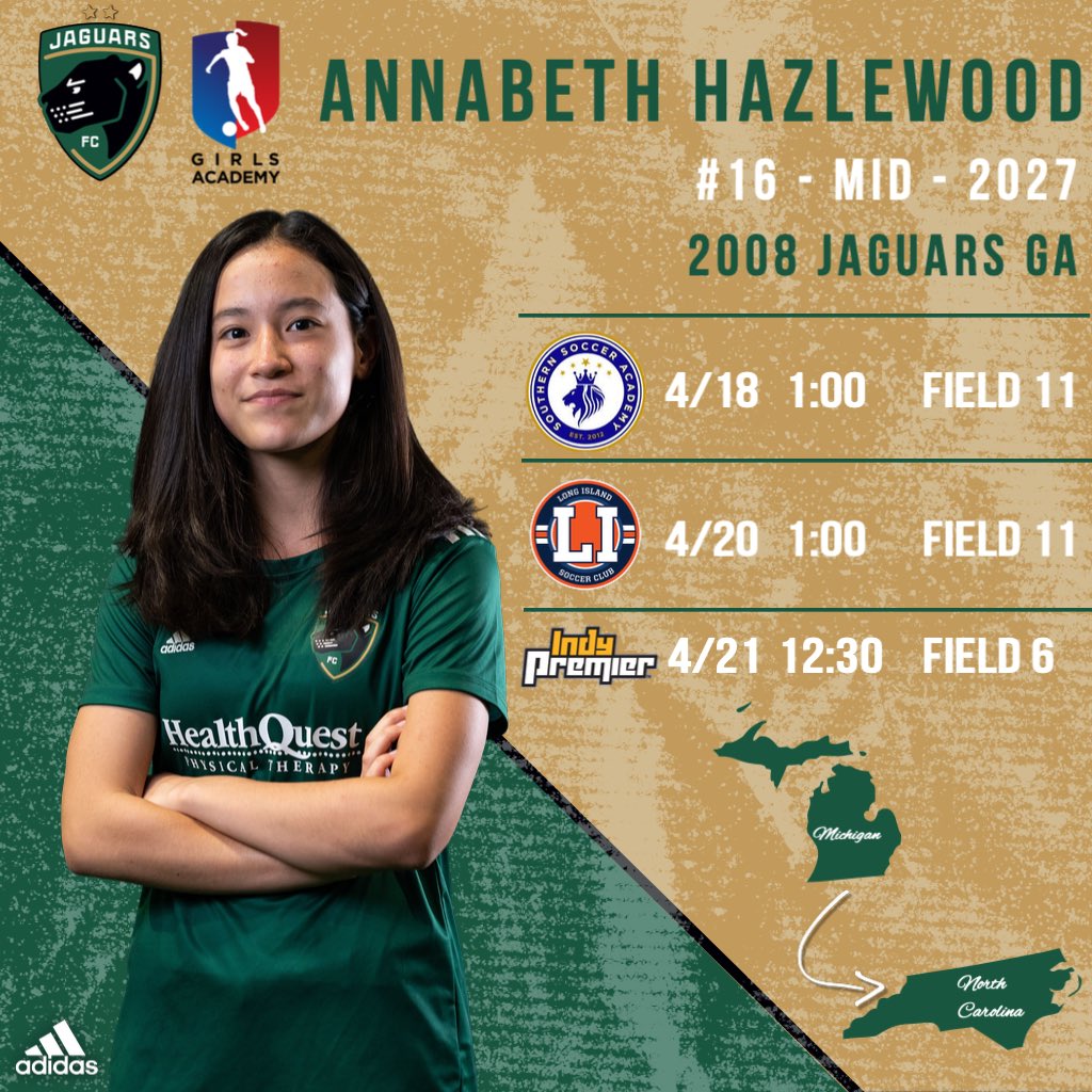 Annabeth Hazlewood (@ahazlewood2027) on Twitter photo Excited for the GA Spring Showcase!
<a href="/JaguarsAcademy/">Michigan Jaguars FC Academy</a> <a href="/UncommittedGrls/">UNCOMMITTED GIRLS for 🇺🇸 #CollegeSoccer</a> <a href="/ImYouthSoccer/">ECNL/GA/Recruiting/College Soccer</a> <a href="/ImCollegeSoccer/">College Soccer Truth ™</a> @SoccerMomInt <a href="/TopDrawerSoccer/">TopDrawerSoccer</a> Excited for the GA Spring Showcase!
<a href="/JaguarsAcademy/">Michigan Jaguars FC Academy</a> <a href="/UncommittedGrls/">UNCOMMITTED GIRLS for 🇺🇸 #CollegeSoccer</a> <a href="/ImYouthSoccer/">ECNL/GA/Recruiting/College Soccer</a> <a href="/ImCollegeSoccer/">College Soccer Truth ™</a> @SoccerMomInt <a href="/TopDrawerSoccer/">TopDrawerSoccer</a>