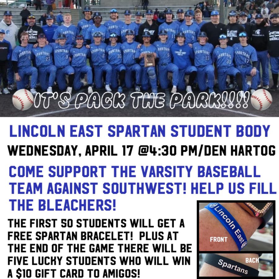 Spartan Nation! It’s pack the park night this Wednesday, for the Spartans Varsity baseball game!  Brought to you by the East Athletic Booster Board, see the fun details below!