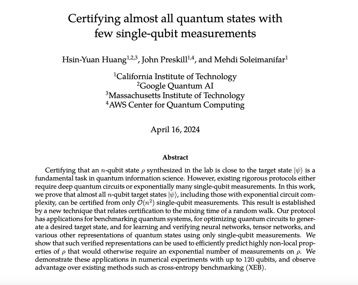 Q: Can we see highly complex entanglement from a few single-qubit measurements? I always assumed this is impossible as entanglement can be too nonlocal for local measurements to see In arxiv.org/abs/2404.07281, we prove that it can actually be done for almost all quantum states