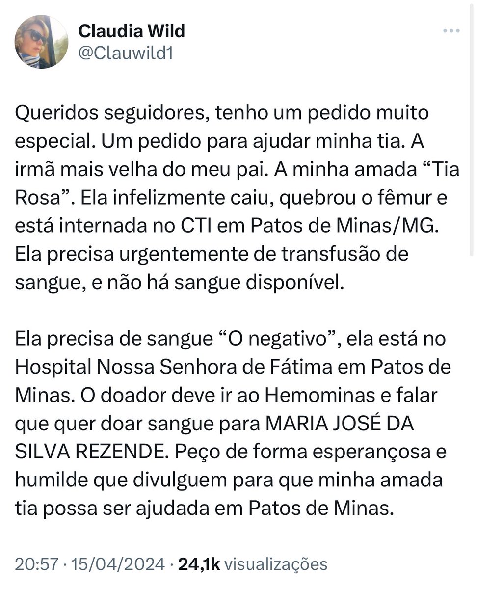 Pessoal de Patos de Minas, um apelo de doação de sangue O negativo para a nossa estimadíssima @Clauwild1 . Se você não for da região, ajude a divulgar, como é o meu caso, que sou de São Paulo. Façam isso chegar no máximo de pessoas possível. #VamosAjudarAClaudiaWild