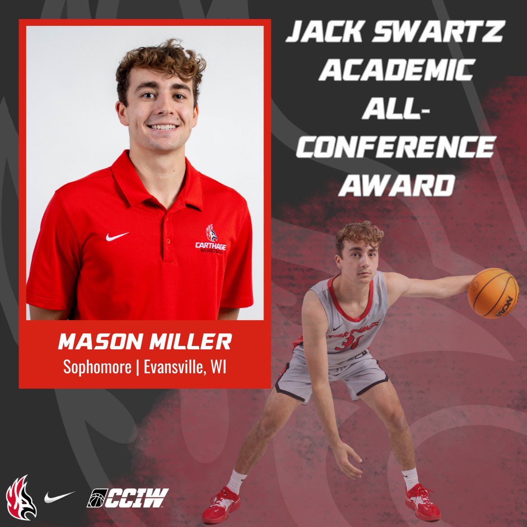 Carthage_MBB's tweet photo. Congratulations to sophomore Mason Miller who received the Jack Swartz Award! And congratulations to all of our student-athletes who were named to the Dave Wrath Academic All-Conference list 📚🏀

https://t.co/I1vv4dPUb0

#CarthageBasketball #FirebirdFamily #StudentAthletes https://t.co/KH1WowfMjH
