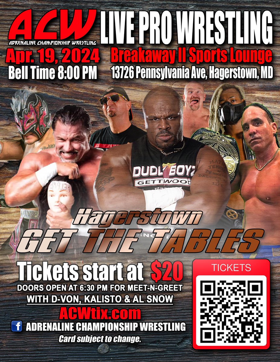 This Friday @ACW_Pro presents Hagerstown Get the Tables where you can meet @TestifyDVon @TheRealAlSnow @gloat & @HollyHoodHaleyJ dmvprowrestling.com/p/friday-acws-…