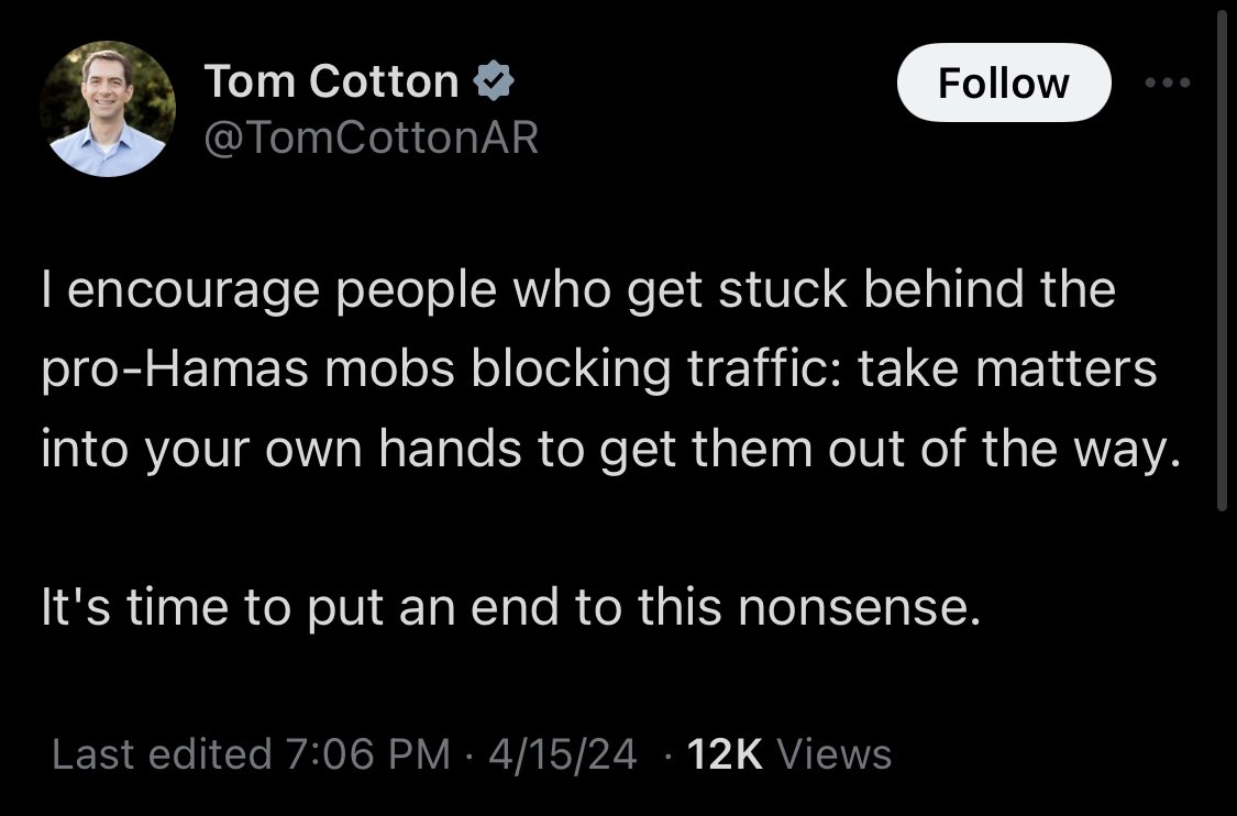 U.S. Senator Tom Cotton encourages people to start assaulting protesters.