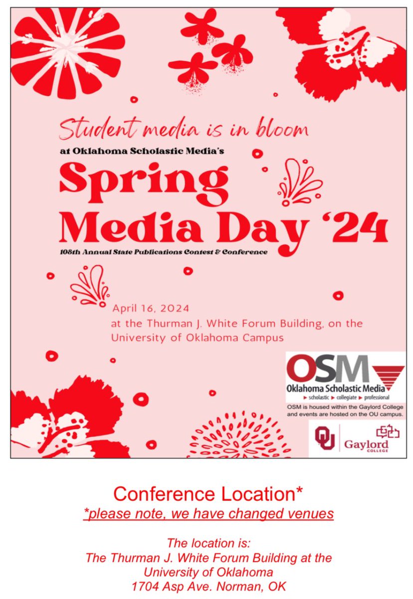 @OSM_OIPA’s Spring Media Day ‘24 is tomorrow! 300+ scholastic students and teachers heading to <a href="/UofOklahoma/">University of Oklahoma</a> Note the venue change—not our regular spot. Let’s do this! #jerd #studentmedia #journalism