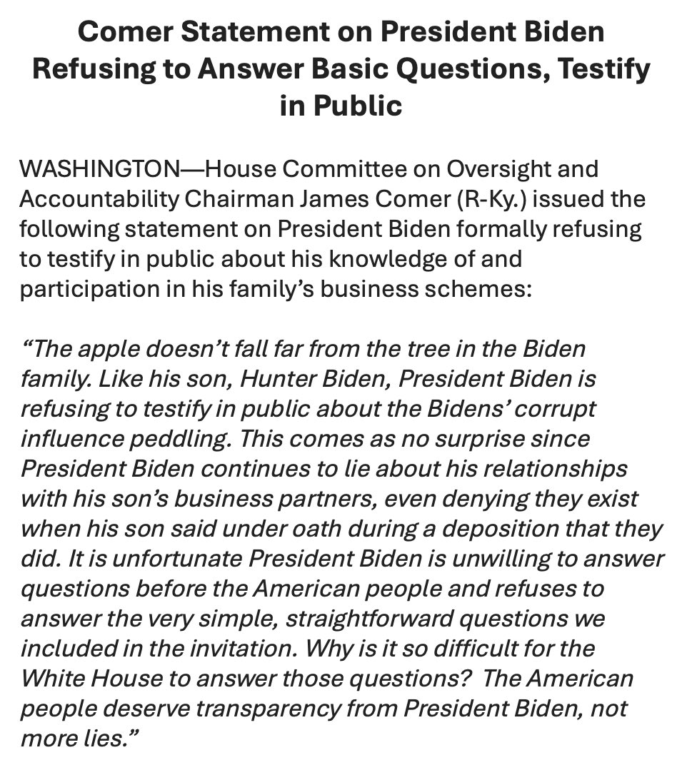 🚨STATEMENT🚨 The apple doesn’t fall far from the tree in the Biden family. Like his son, Hunter Biden, President Biden is refusing to testify in public about the Bidens’ corrupt influence peddling. The American people deserve transparency from President Biden, not more lies.👇