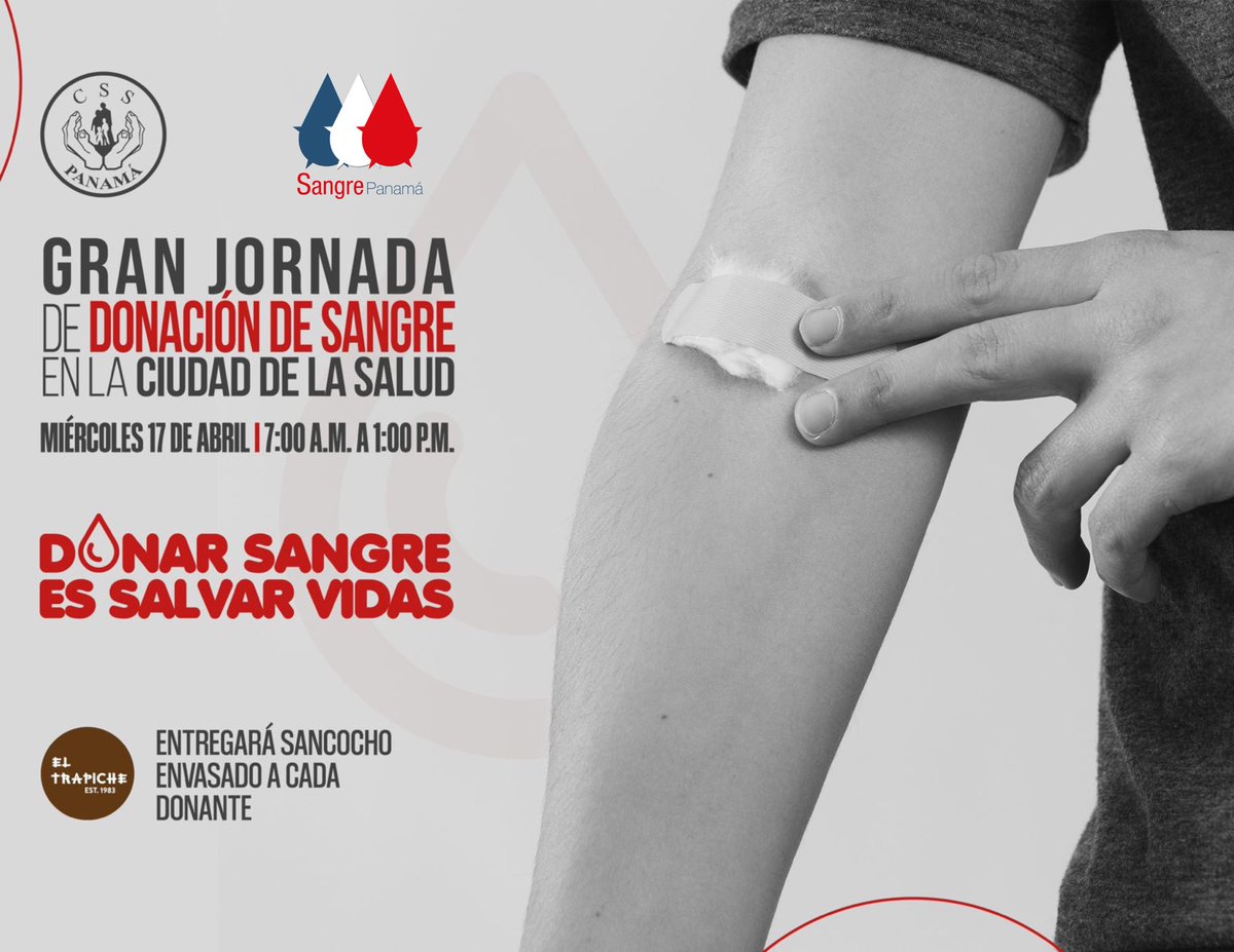 SangrePanama's tweet photo. Súmate a esta Jornada de Donación Voluntaria de Sangre y recibe un sancocho de cortesía gracias a @ElTrapichepty. 

🗓️ 17 de abril 2024 
⏰ 7am a 1pm 
📍Banco de Sangre de la Ciudad de la Salud

¡Tu donación puede salvar vidas! 
💙🤍♥️ #DonaSangrePanama #Solidaridad #SangrePanama https://t.co/CHCz7oUHAA