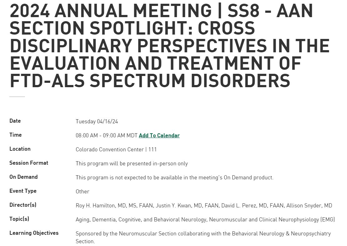 In Denver, Colorado for the 2024 #AANAM. Join us Tuesday 4/16 at 8am for a Spotlight Session between the #Neuromuscular Section & the #BehavioralNeurology & #Neuropsychiatry Section. @SBCNeuro #NeuroTwitter