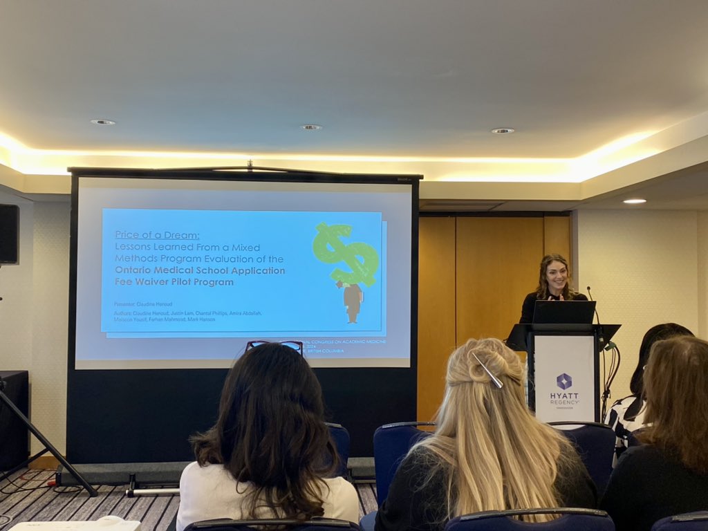 Huge shoutout to @ClaudineHenoud @uOttawaMed for presenting at #ICAM2024 on the program evaluation of the Ontario med school application fee waiver program (s/o @AFMC_e @PoD_MD @cos_uoft) which reduces financial barriers in the application process!