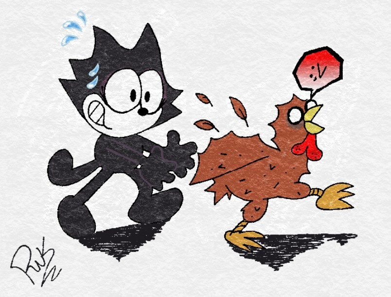 FELIX THE CAT, here's a drawing I did at school of felix chasing a chicken because yes. #FelixTheCat #Felix #FelixTheCatFanart #FreshPaint