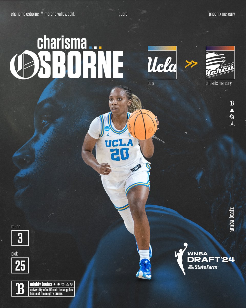 𝗟𝗲𝗮𝗴𝘂𝗲 𝗕𝗼𝘂𝗻𝗱! 🗣️

With the 25th pick in the 2024 WNBA Draft, <a href="/CharismaOsborne/">Charisma ⚡️</a> is selected by the <a href="/PhoenixMercury/">Phoenix Mercury</a>!

#GoBruins x #ProBruins
