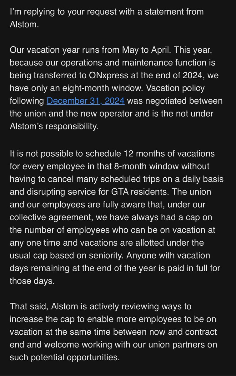 TinaYazdani's tweet photo. Here’s the full statement from their employer, Alstom. Metrolinx is transitioning to a new operations partner starting in January. https://t.co/6BfVE72CIl