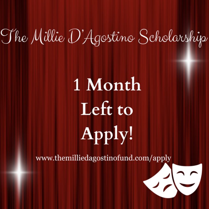 MariaCCapp's tweet photo. Only 1 month left to apply for the 2024 Millie D’Agostino Scholarship! If you are a Long Island high school senior or you know of one who will major in Acting or Musical Theatre in college, you are eligible. Get your application in before deadline May 15th! Visit the link for https://t.co/togC1Jer9d