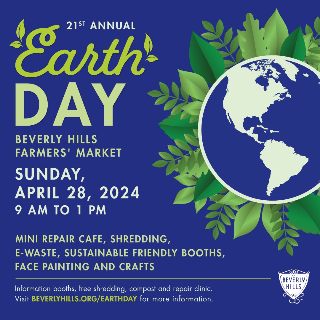 Join us as we celebrate Beverly Hills’ 21st annual 🌎Earth Day Celebration. There will be free compost, e-waste pick-up, crafts, face painting,🎨sustainable vendors/organizations, and a mini repair café.  We hope to see you there!