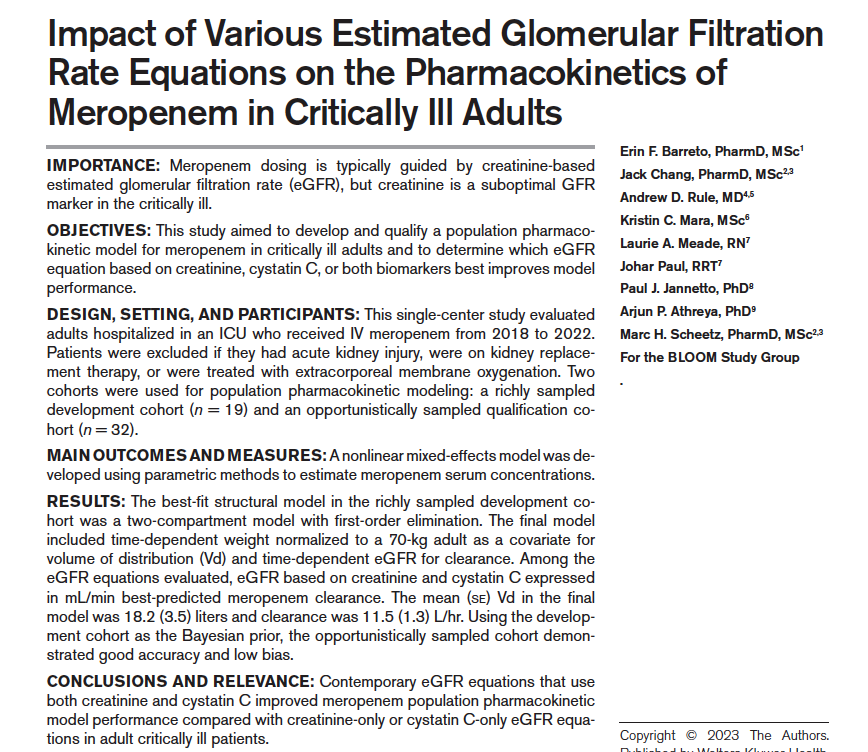 1. Relationship between MRC-ICU score to ICU med errors: journals.sagepub.com/doi/abs/10.117… <a href="/AtoZ_Pharmacy/">Hanna Azimi</a> <a href="/CForehand84/">Christy Forehand</a> <a href="/kkeats_/">Kelli Henry, PharmD, MPA, BCCCP</a>  <a href="/AshTayPharmD/">Ashley Taylor</a> <a href="/BlotskeKaitlin/">Kaitlin Blotske</a> <a href="/AndreaSikora/">Andrea Sikora</a> 

2. INFUSE peripheral vasopressor survey pubmed.ncbi.nlm.nih.gov/37536012/ @DrOhoudAljuhani 

3. Effect of different eGFR