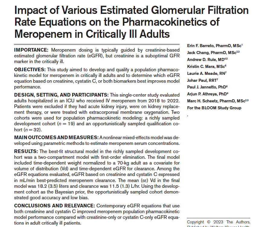 1. Relationship between MRC-ICU score to ICU med errors: journals.sagepub.com/doi/abs/10.117… @AtoZ_Pharmacy @CForehand84 @kkeats_ @AshTayPharmD @BlotskeKaitlin @AndreaSikora 2. INFUSE peripheral vasopressor survey pubmed.ncbi.nlm.nih.gov/37536012/ @DrOhoudAljuhani 3. Effect of different eGFR…