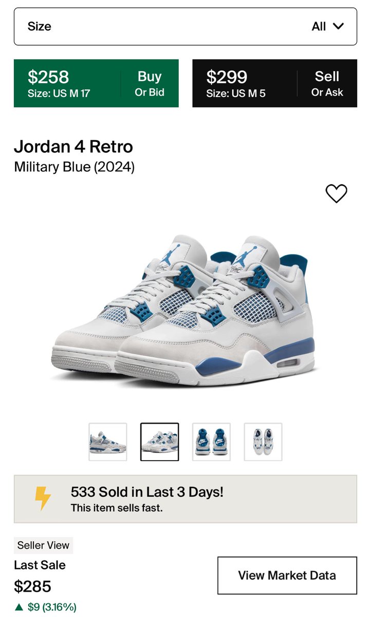Info4Days's tweet photo. Air Jordan 4 ‘Military Blue’ already bricking after the shock drop?🤔

$410 right before the shock drop, now down to $275-$280ish🤯👷‍♂️ https://t.co/U1nB162bYq