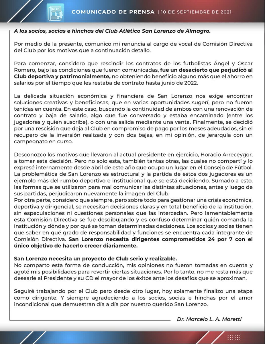 30112000noaisl's tweet photo. Parece un dejavu, #Moretti. Cambio a los #Romero por #Insua.
Admito que en algo tenés razón. #SanLorenzo debe ser un club serio y confiable.
#RenunciaMoretti, te lo pedimos todos los socios. https://t.co/GAq5sqUbG2