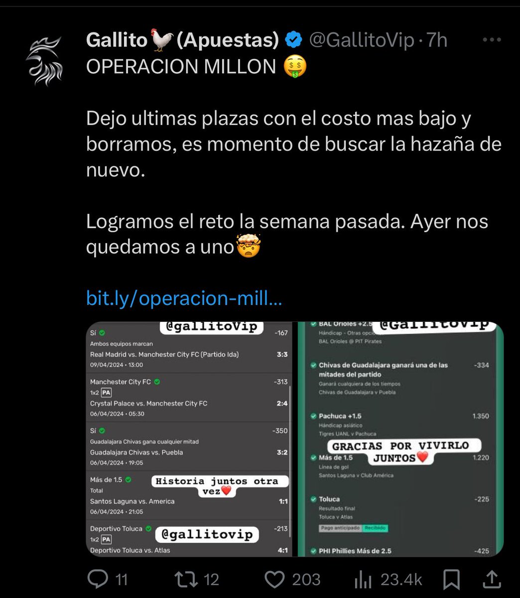 LAREVENTAPICKSS's tweet photo. QUIEREN EL PARLAY DEL MILLÓN DE GALLITO VIP ?

100 RT Y LO SOLTAMOS 

https://t.co/qrE89f9IsJ https://t.co/wXI3iqdUJJ