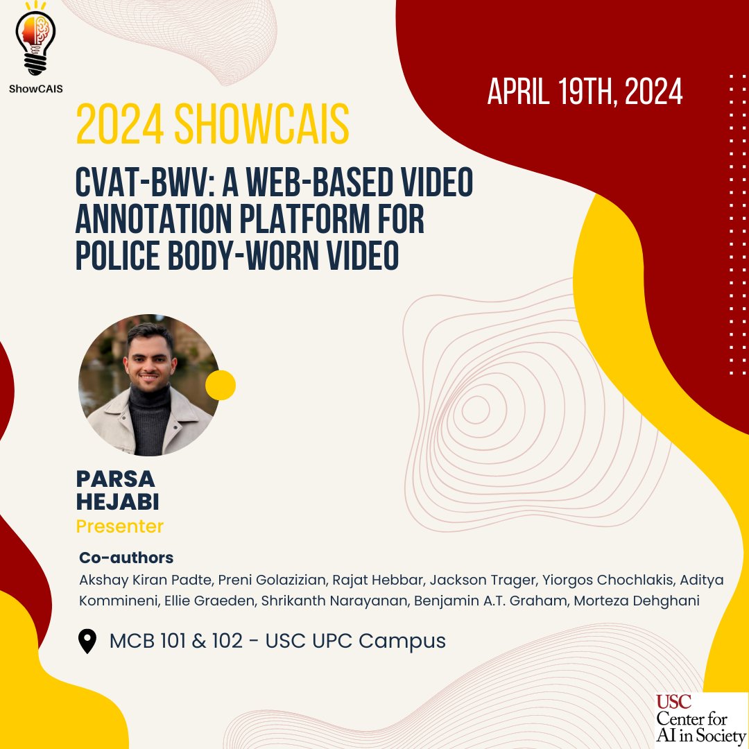 USC Center for AI in Society (@cais_usc) on Twitter photo Learn more about a web-based video annotation platform for police body-worn video at Parsa Hejabi's presentation at ShowCAIS on April 19th!
More info: sites.google.com/usc.edu/showca…
<a href="/USCViterbi/">USC Viterbi School</a> <a href="/uscsocialwork/">USC Social Work</a> Learn more about a web-based video annotation platform for police body-worn video at Parsa Hejabi's presentation at ShowCAIS on April 19th!
More info: sites.google.com/usc.edu/showca…
<a href="/USCViterbi/">USC Viterbi School</a> <a href="/uscsocialwork/">USC Social Work</a>