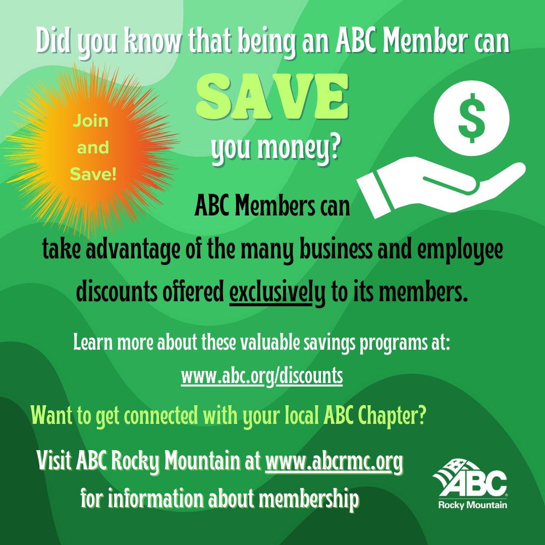 Did you know that being an ABC Member can actually SAVE you money?  ABC Members can take advantage to many business and employee discounts offered exclusively to its members.  Curious? Learn more at abc.org/discounts #ABCMeritShopProud #Colorado #MembershipMonday