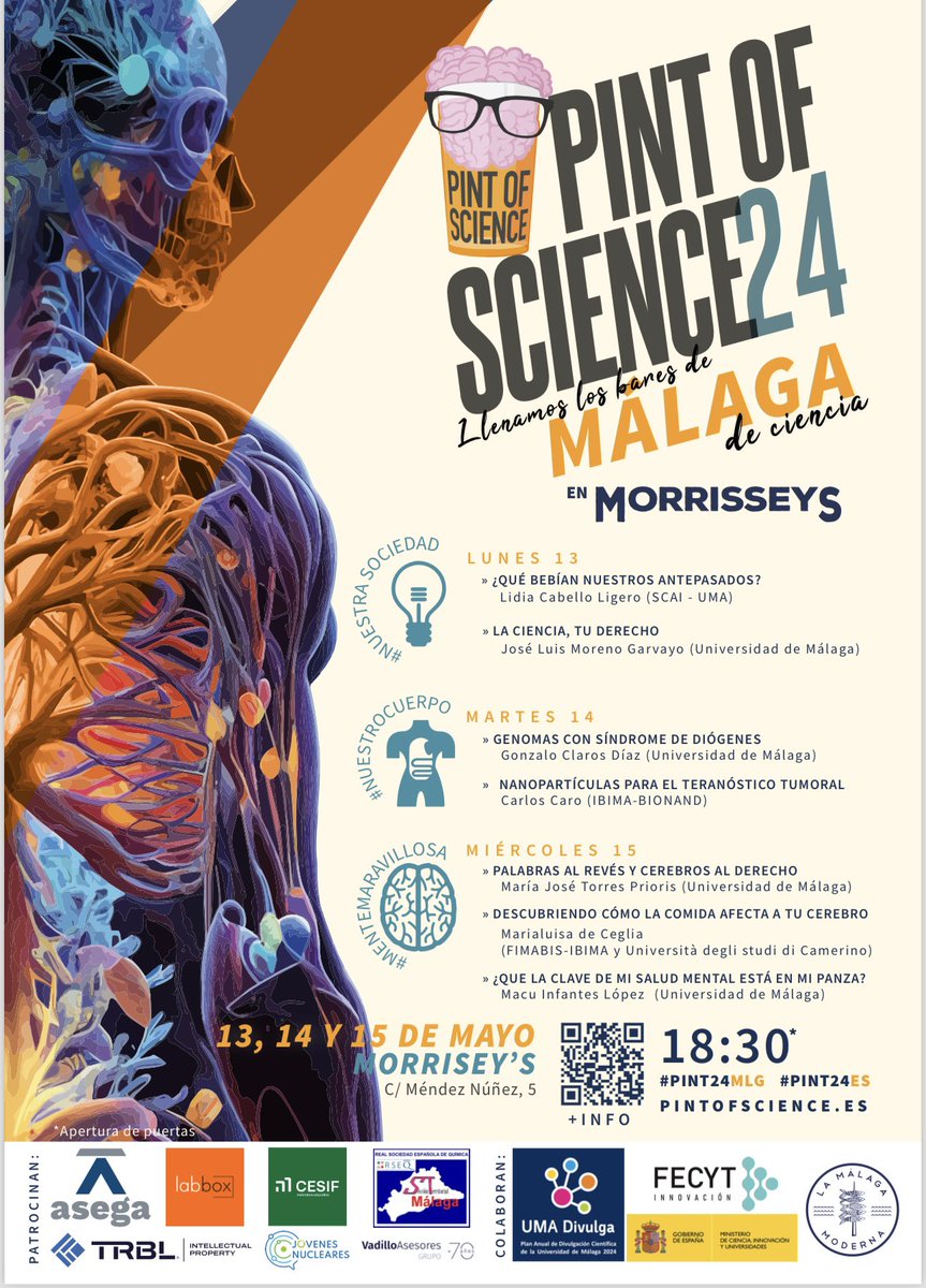 Pues ya está aquí el programa definitivo de Pint of Science Málaga 2024. Hemos preparado 13 interesantísimas charlas que, esperamos os dejen con un gran sabor de boca. Del 13 al 15 de mayo, The Shakespeare y Morrisseys, se llenan de ciencia en #Pint24MLG #Pinr24ES