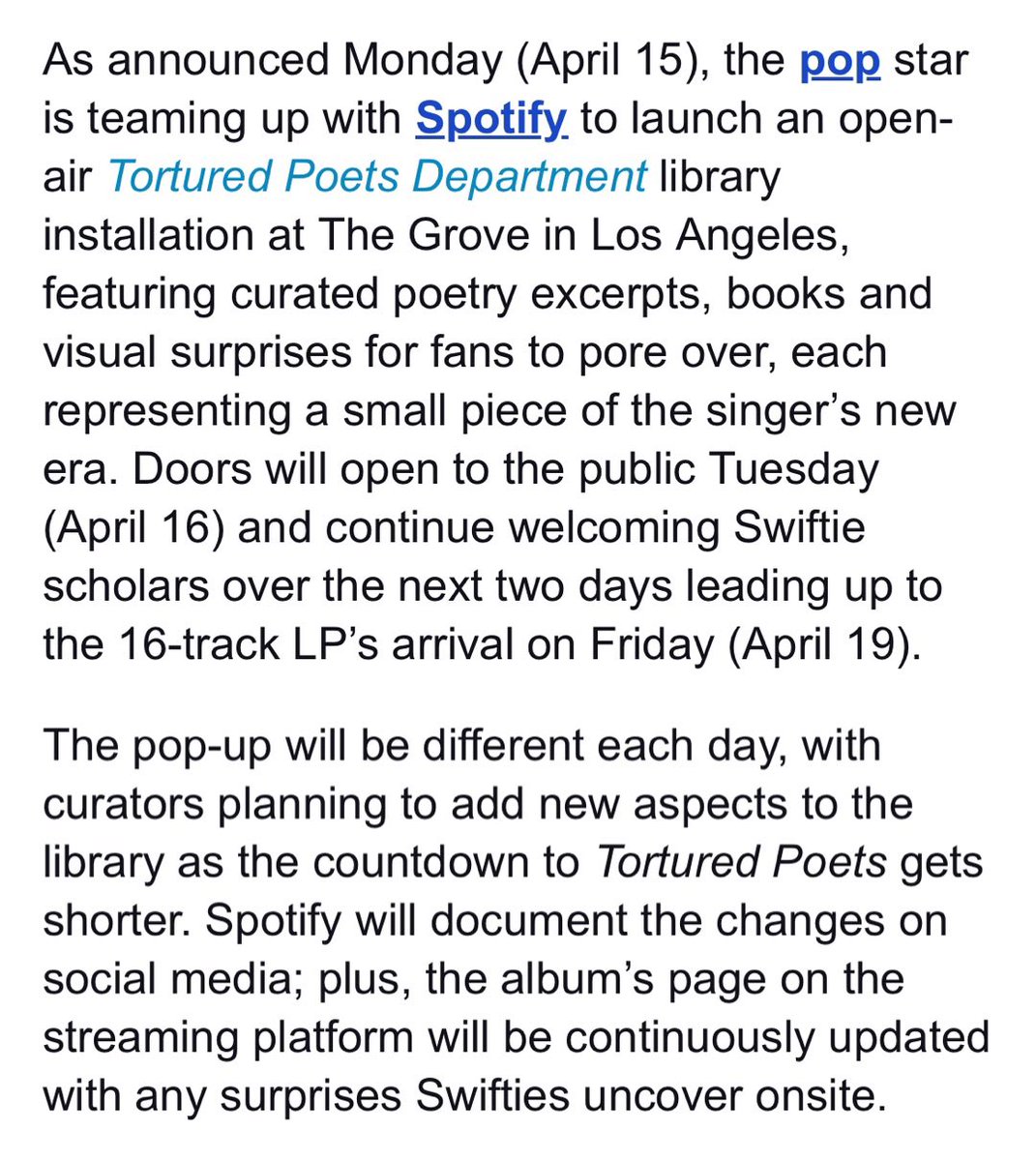 📝| More details about @Spotify's pop-up for TTPD at The Grove! Via @billboard — Features curated poetry excerpts, books, and visual surprises representative of the album. — It will be different each day! New aspects will be added to the library as the countdown shortens.