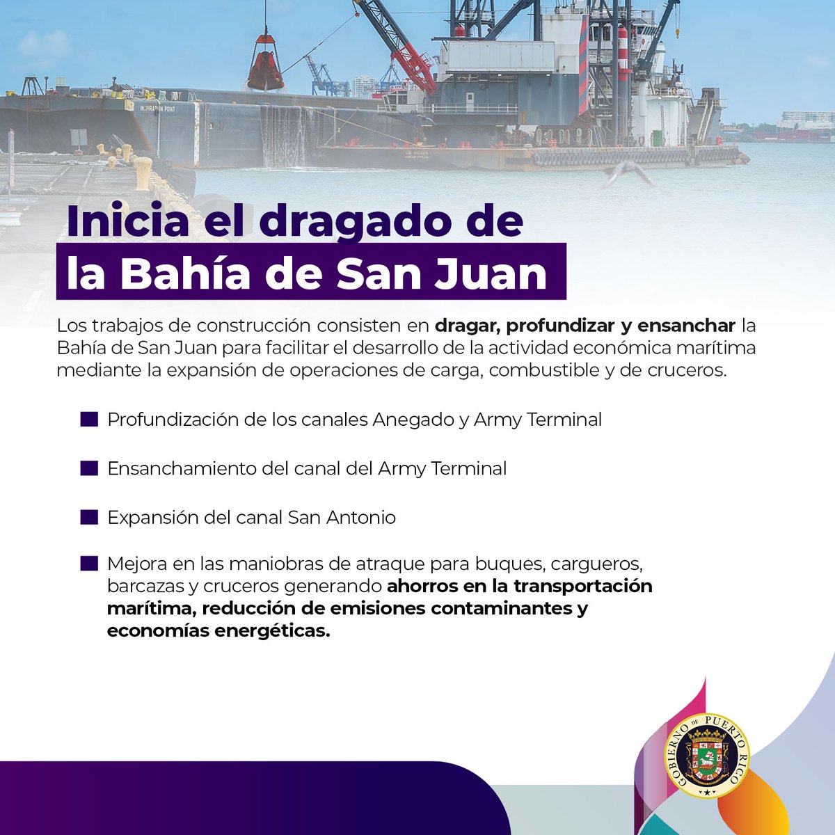 En un esfuerzo colaborativo entre la @PuertosPR y el @USACEHQ, se dio inicio a los trabajos de dragado en la Bahía de San Juan para profundizar y ensanchar los canales de navegación. Este proyecto facilitará las operaciones de carga y los servicios de buques, cargueros, barcazas…