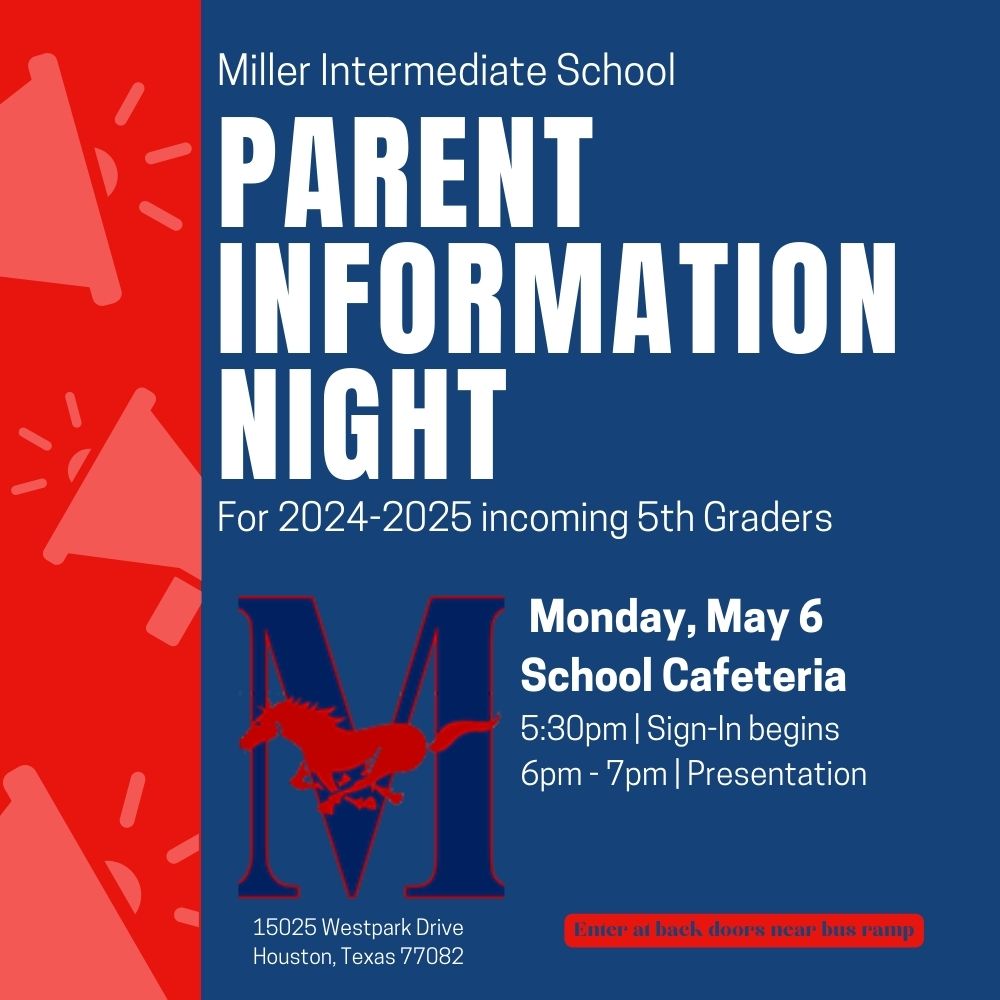 📢 Calling all 4th grade parents! Don't miss out on Miller Intermediate School's Parent Information Night for incoming 5th graders! Attend Miller on May 6th at 5:30 pm to learn everything you need to know about the transition to 5th grade. 🎓📚 #4thGradeTransition