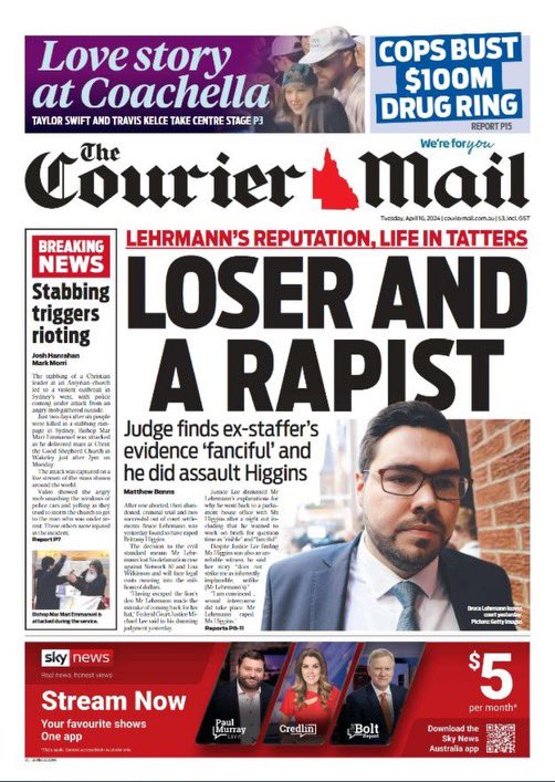 For non Australians - a pig man named Bruce got away with raping a woman at Parliament House (due to a mistrial) then SUED for defamation over a TV interview his victim did about it. He just lost, so now there are headlines like this abound. Not a good news story, but satisfying