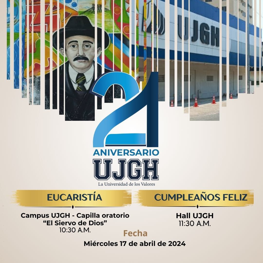 Los invitamos este miércoles 17 de abril a acompañarnos a las actividades por el #21AniversarioUJGH.

🔹10: 30 a.m. Eucaristía de acción de gracias en nuestra Capilla Oratorio "El Siervo de Dios. Campus UJGH 

🔹11:30 a.m. Cumpleaños Feliz en nuestro Hall.