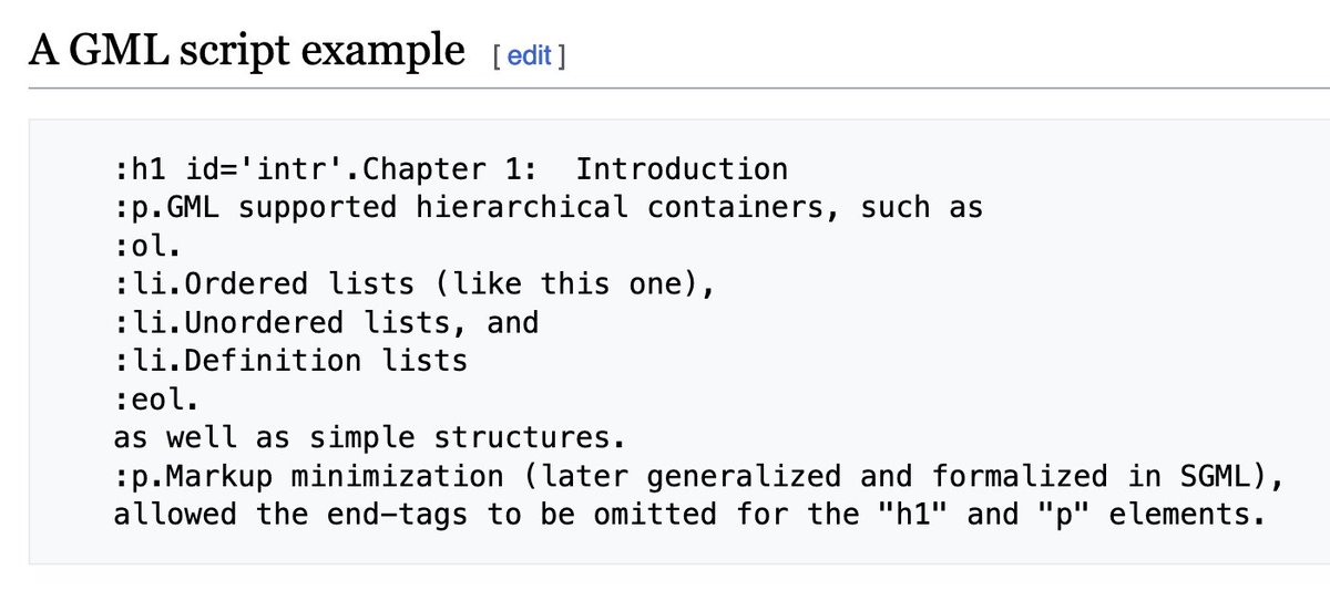 The <h1> tag is 55 years old. This is GML (1969), which led to SGML, which led to HTML. And all the other tags (ol, li, p) have the same name as in HTML. en.wikipedia.org/wiki/IBM_Gener…