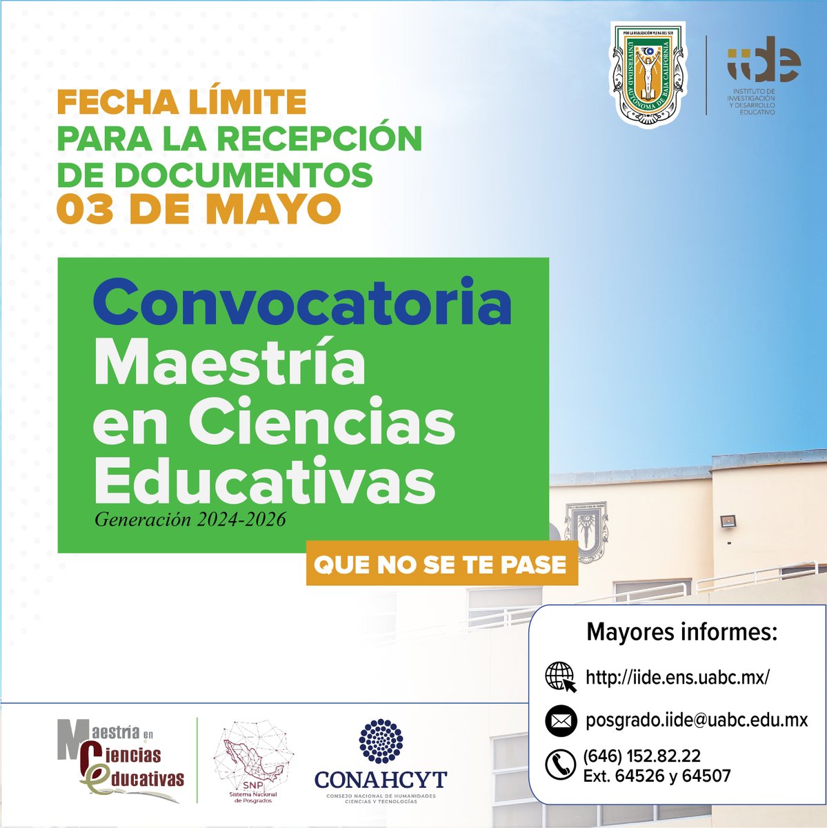 iideuabc's tweet photo. #QueNoSeTePase
Recuerda que, de acuerdo al calendario del proceso de ingreso a la Maestría en Ciencias Educativas #MCE, el 03 de mayo de 2024 es la fecha límite para la recepción de expedientes con documentos.

 Consulta la convocatoria: https://t.co/BapQFnr9Kq
#IIDE #Conahcyt https://t.co/CWsOAaJbou