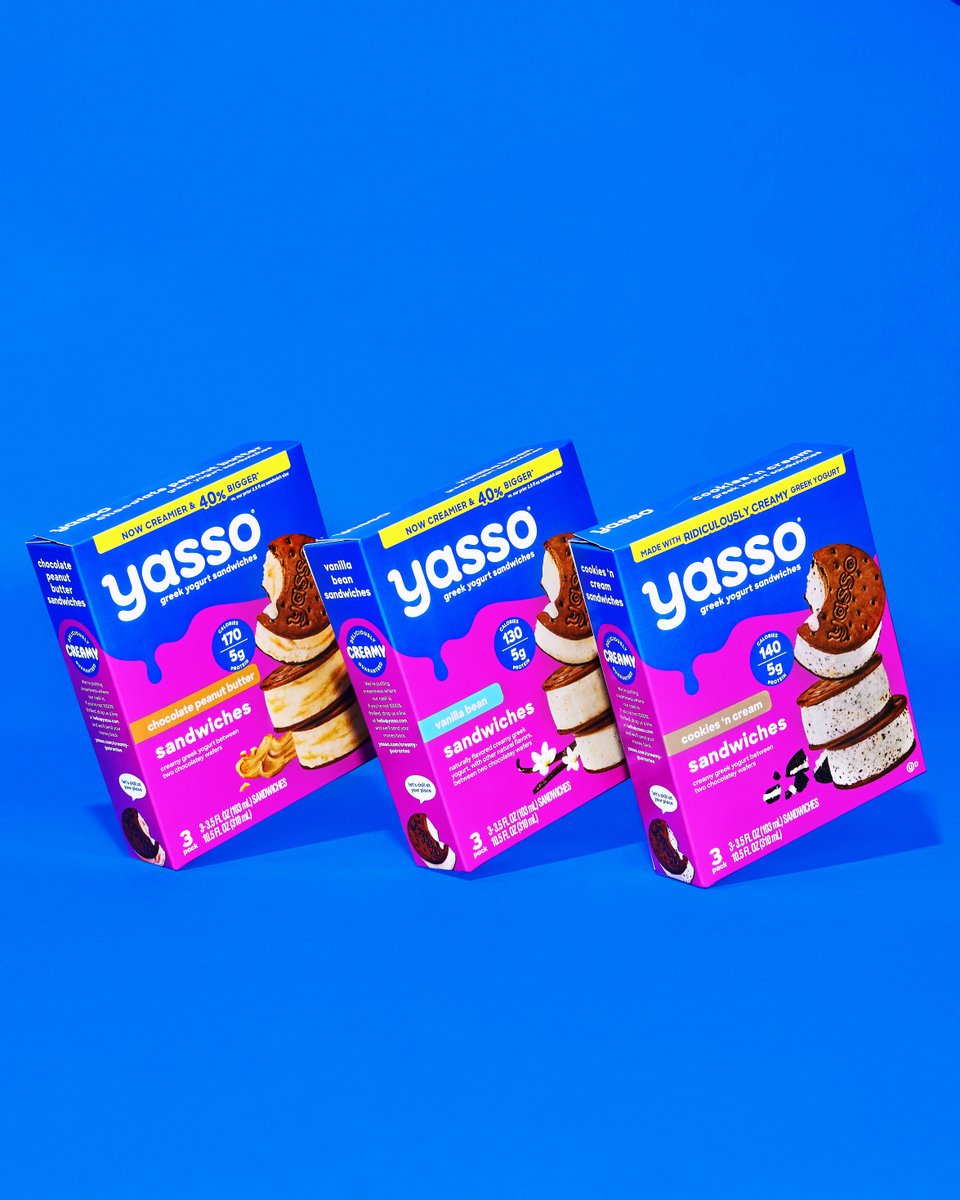 Creamier. Bigger. Better. 😎

Introducing NEW and IMPROVED Yasso Sandwiches, now creamier and 40% bigger! 🍦📈

AND meet our NEW Cookies 'n Cream Sandwich! With cookies 'n cream flavored Greek yogurt stuffed between two chocolatey wafers, consider your snackspectations exceeded