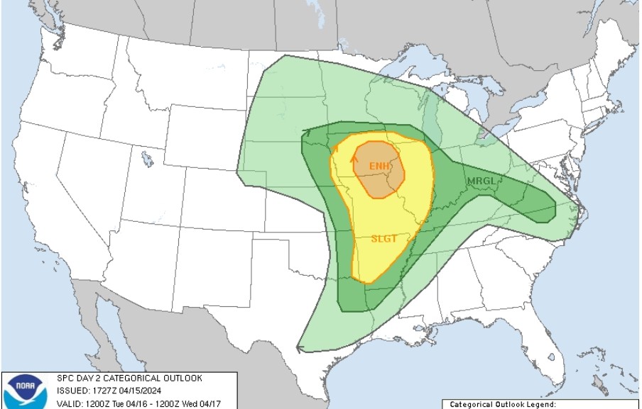 TimTheSpotter's tweet photo. Day 2 Outlook.... Tuesday April 16th...

Scattered severe storms will impact a portion of central states

Current Threats associated with this storm are:

an Isolated Tornado is possible
Damaging Winds
Hail
Lightening

These storms will impact Illinois between 3PM and Midnight... https://t.co/PqQA9fDgPX
