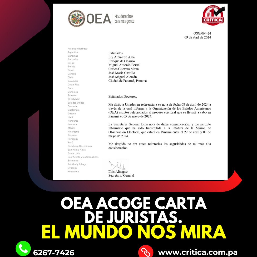 El secretario general de @Almagro_OEA2015 responde a la carta de abogados preocupados por el caso de José Raúl Mulino